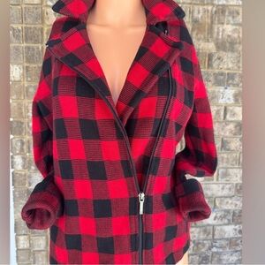 CHAPS Red & Black Buffalo Plaid Knit Jacket Asymmetric Zip Size S/P